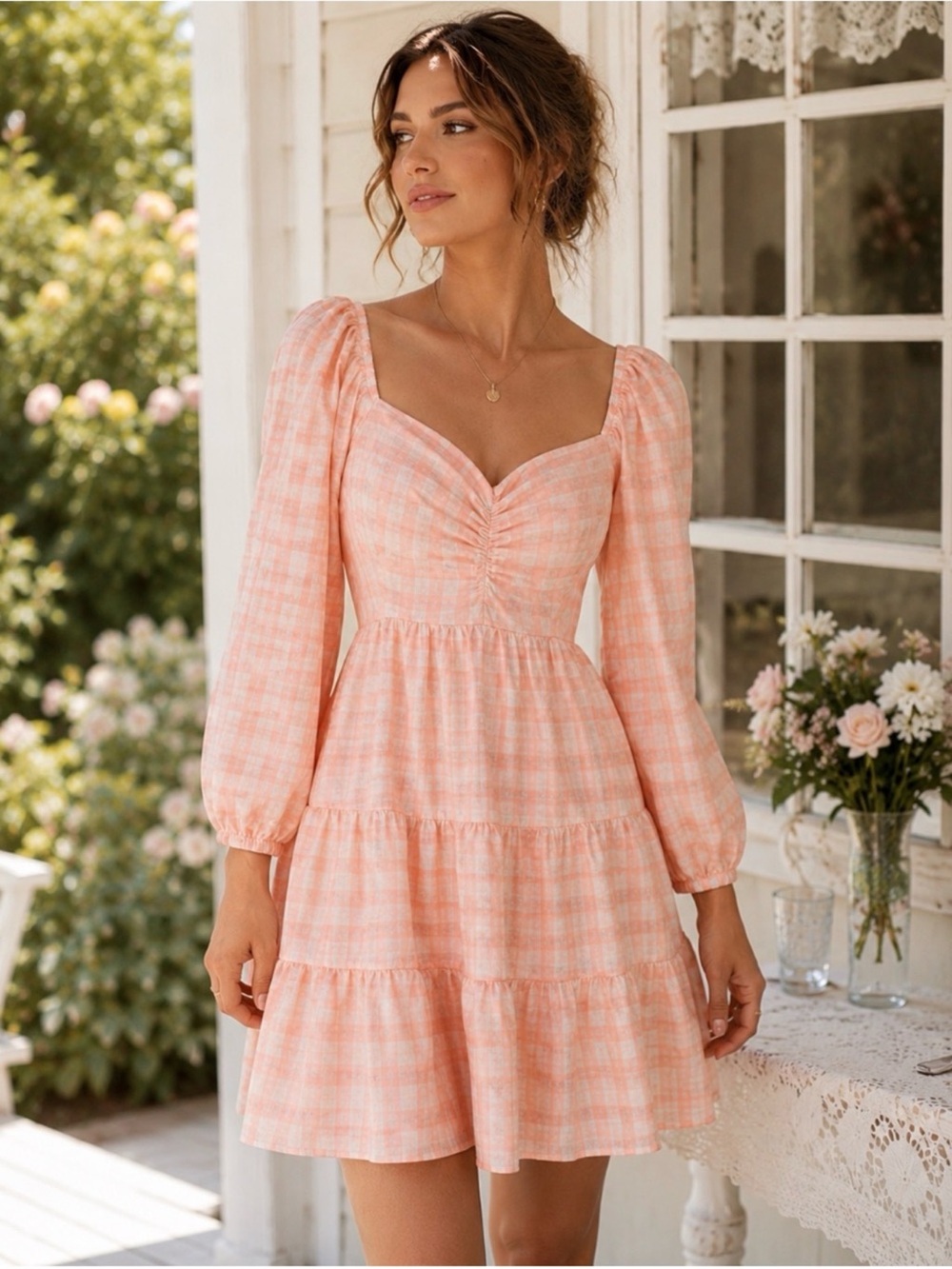 Entro Peach Gingham Ruched Bust Smocked Back Tiered Mini Dress L